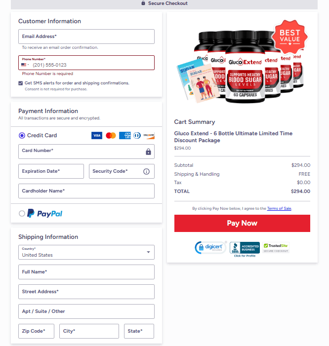 Gluco Extend Secure Order Page